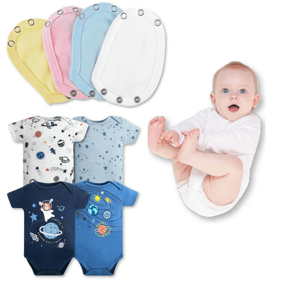 TEDMIMAK - Pack 4 Unidades Extensor Body Bebé +Pack 4 Bodys Niño Galaxia Azul