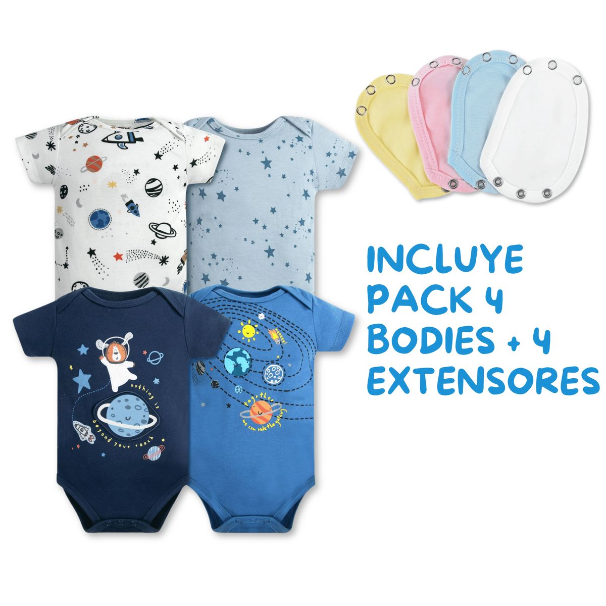 TEDMIMAK - Pack 4 Unidades Extensor Body Bebé +Pack 4 Bodys Niño Galaxia Azul