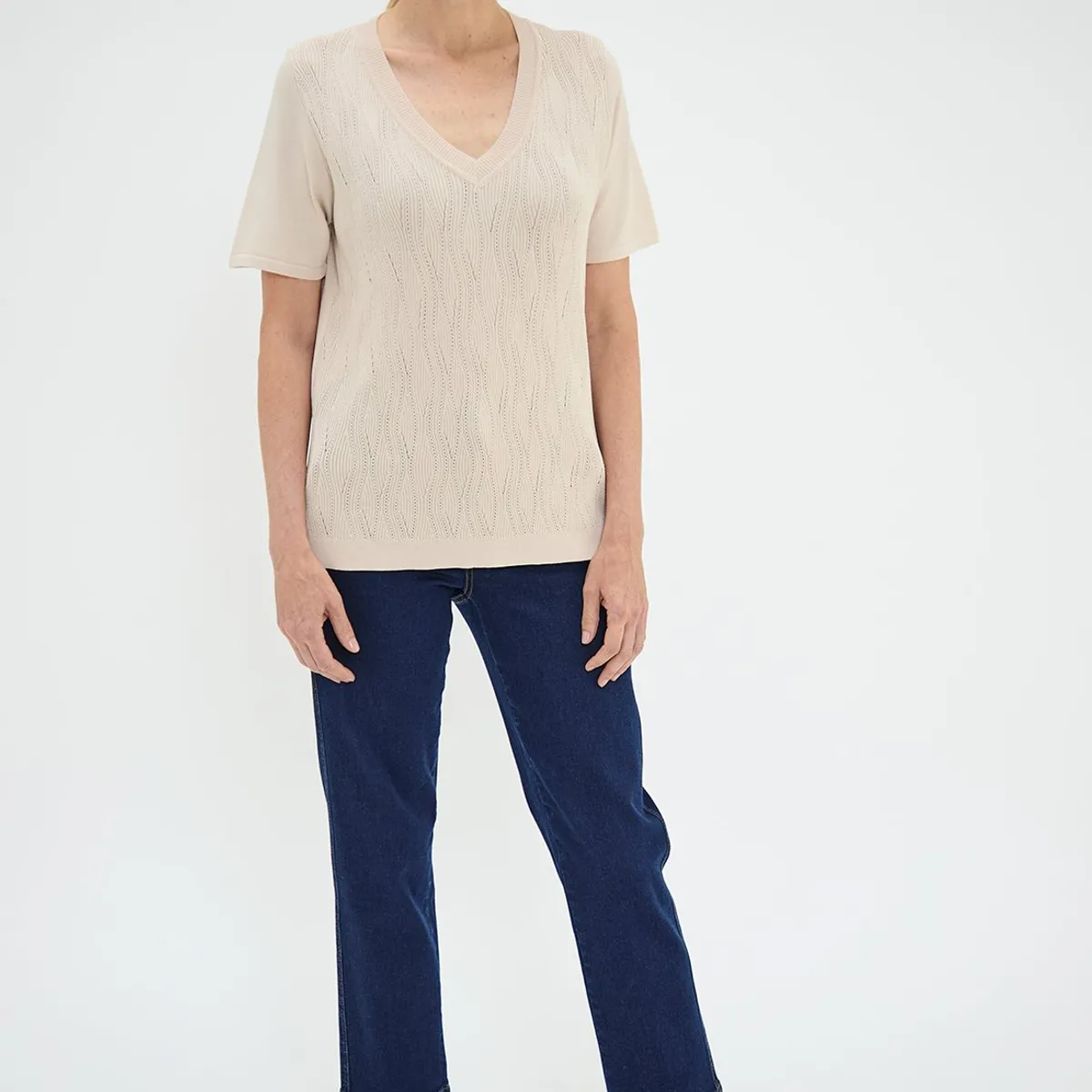 MA GRIFFE - Polera Manga Corta Beige Mujer Magriffe