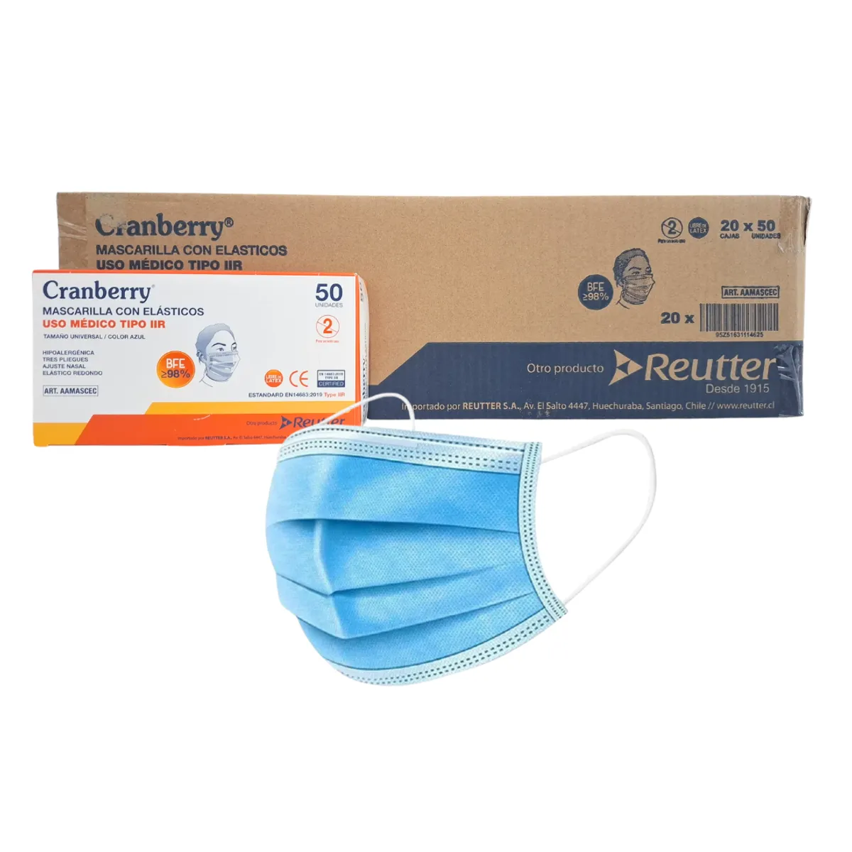 CRANBERRY - Mascarillas 3P Cranberry Uso Médico Azul Pack 20 Cajas