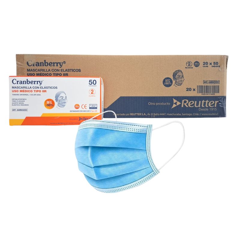 CRANBERRY - Mascarillas 3P Cranberry Uso Médico Azul Pack 20 Cajas