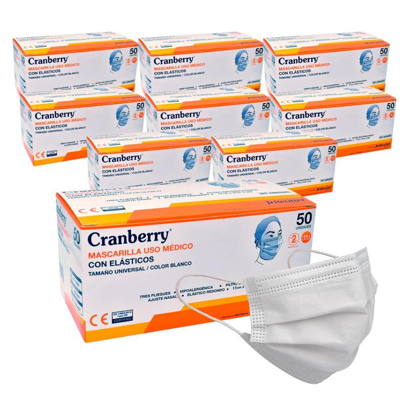 CRANBERRY - Mascarillas 3P Cranberry Uso Médico Blanco Pack 10 Cajas