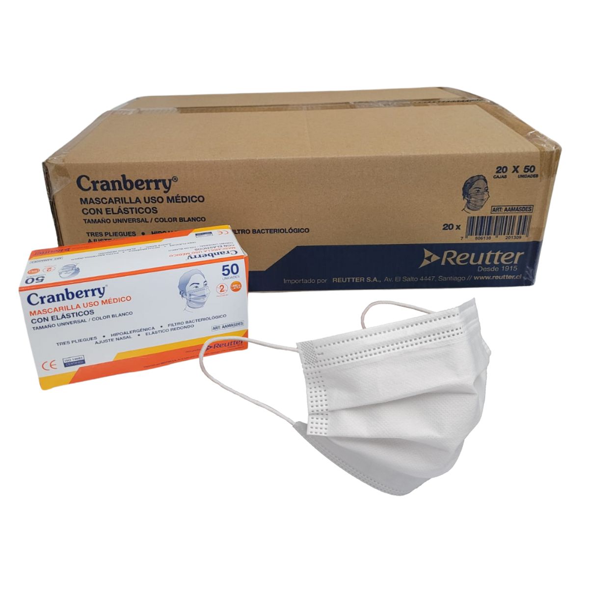 CRANBERRY - Mascarillas 3P Cranberry Uso Médico Blanco Pack 20 Cajas