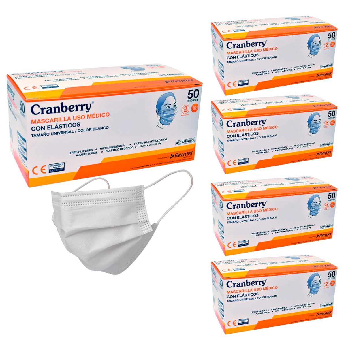 CRANBERRY - Mascarillas 3P Cranberry Uso Médico Blanco Pack 5 Cajas