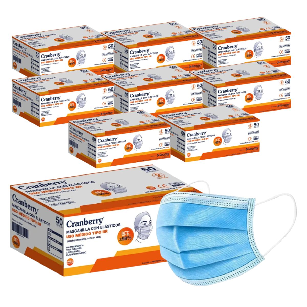 CRANBERRY - Mascarillas 3P Cranberry Uso Médico Azul Pack 10 Cajas