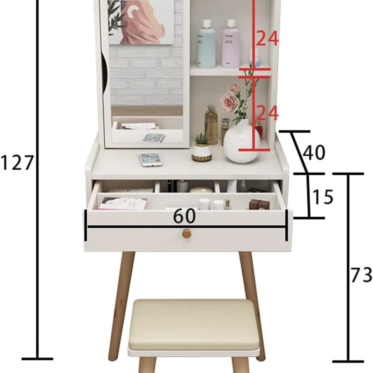 YOMYM - Tocador Con Taburete Y Espejo Giratorio 60×40×127cm