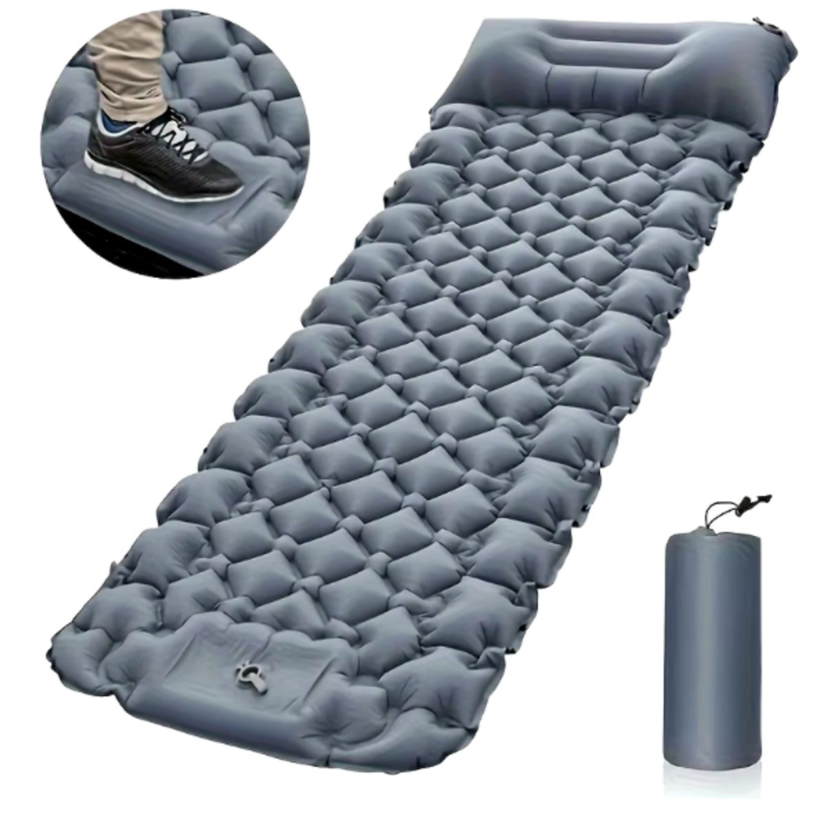 PLUSFIT - Colchon Auto inflable para acampar y viajes Gris 190x60cm