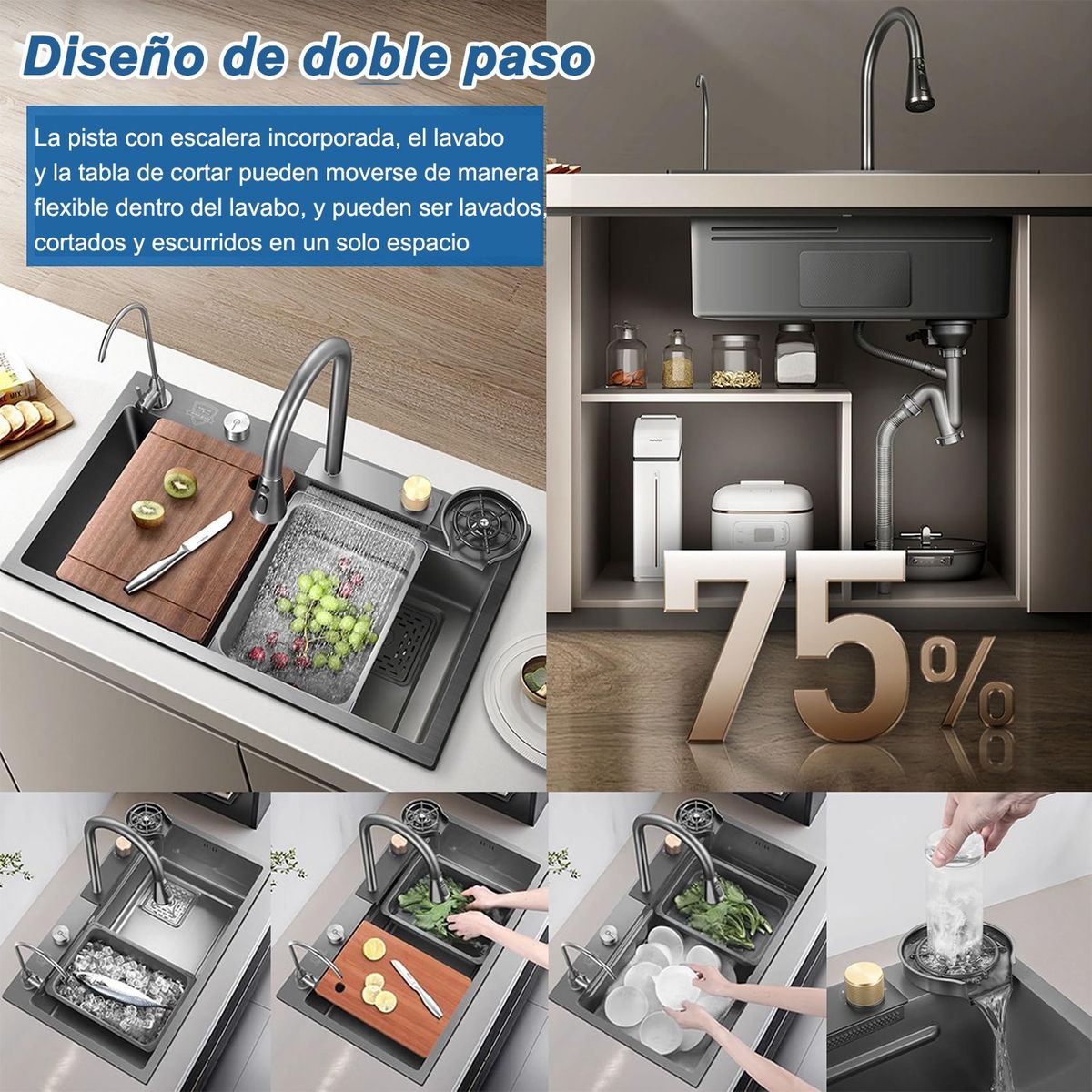 BITART - Lavavajillas Multifuncional Lavaplatos Cascada Acero Inoxidable 75x46cm