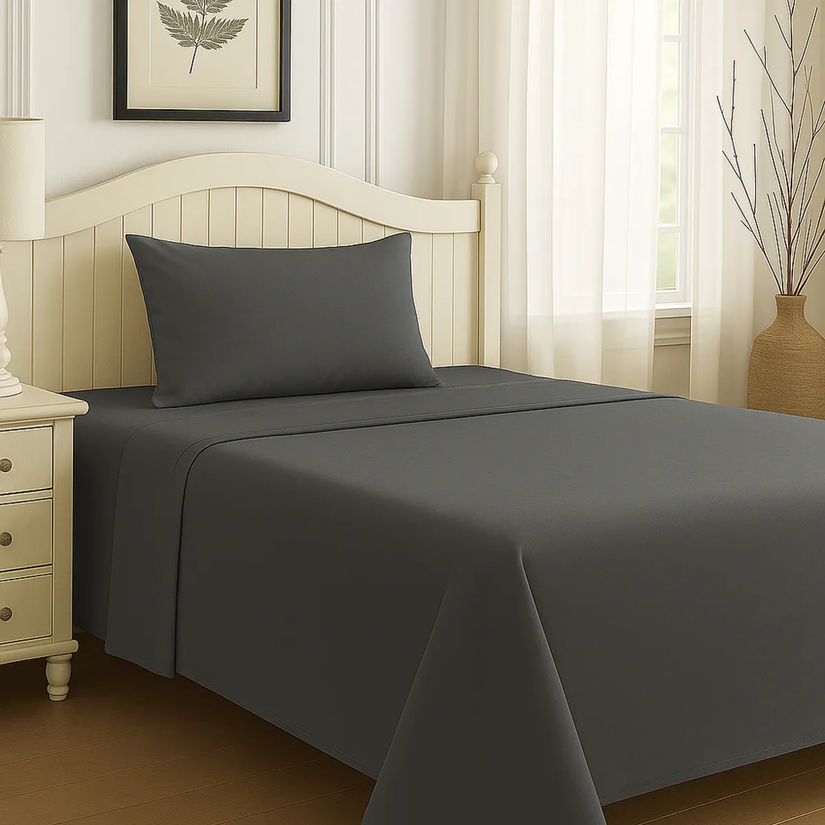 CLEMS CORTINAS - Set De Sábanas 1.5 Plazas Gris Oscuro