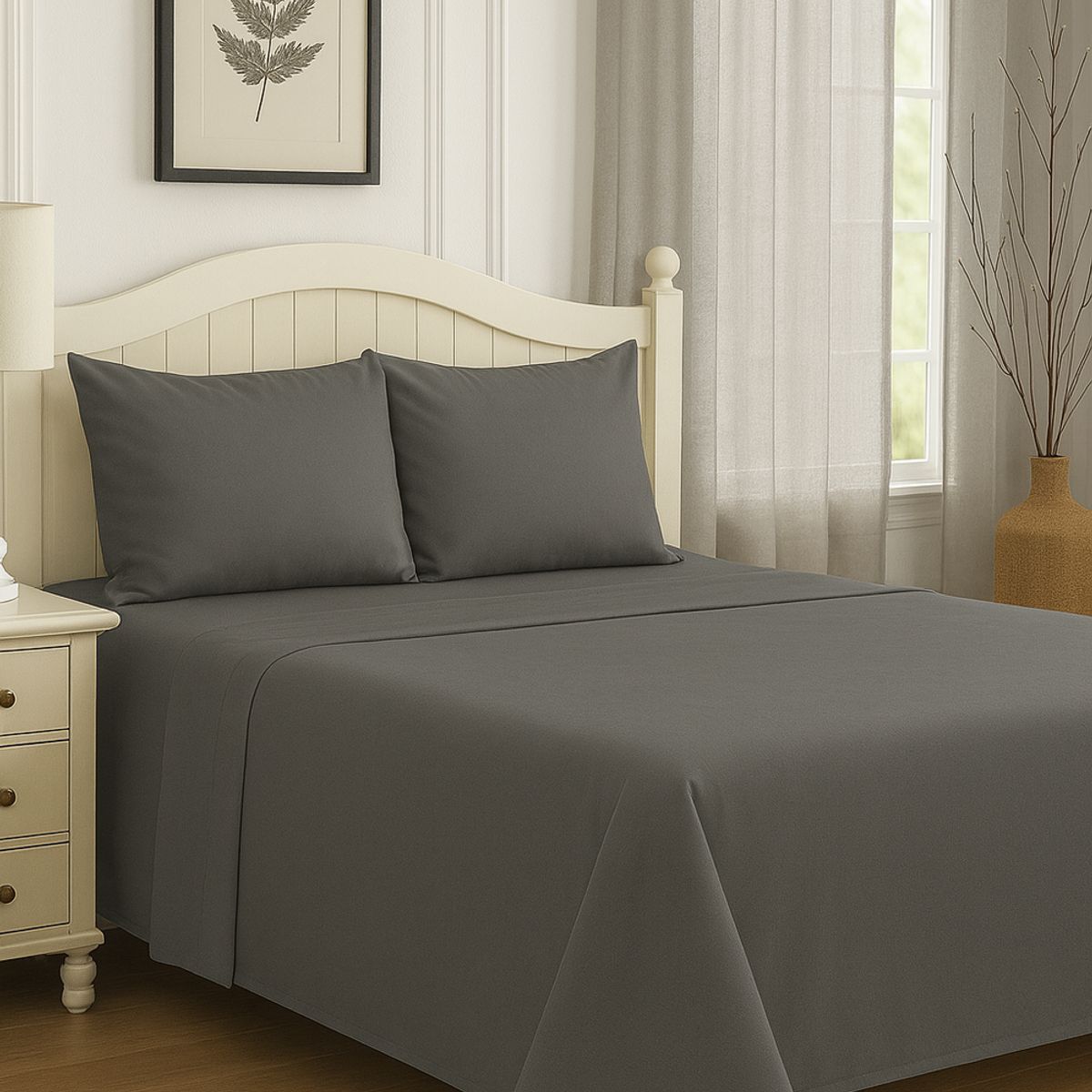 CLEMS CORTINAS - Set de Sábanas King Gris Oscuro