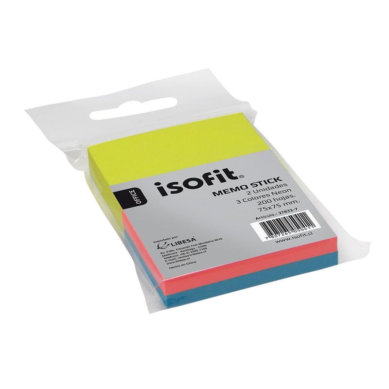 ISOFIT - Blister Block 2 Memo Stick 38X51 3 Col Neon Isofit