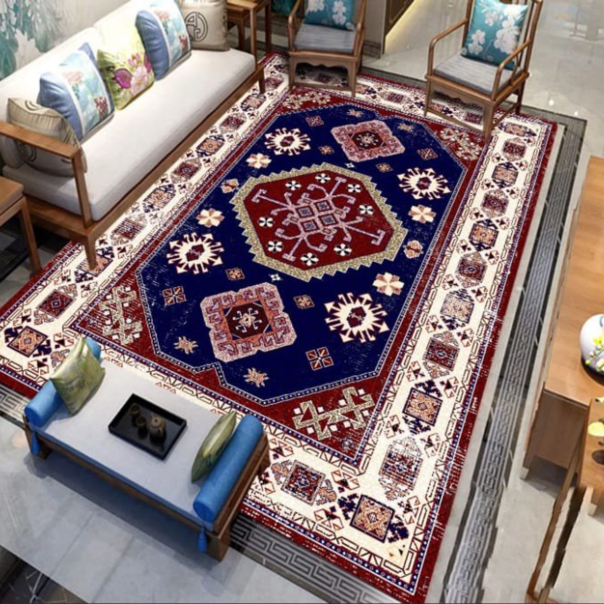 GENERICO - ALFOMBRA ANTIDESLIZANTE 200x240 CM CON DISEÑO AZUL CLASICO TF