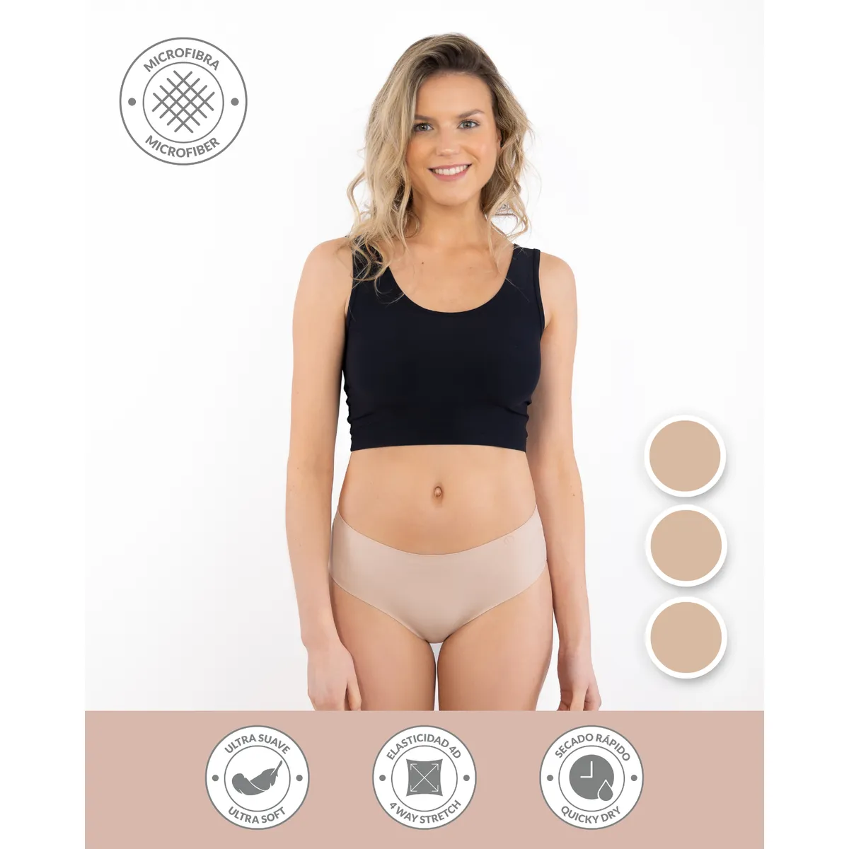 UNICA LINGERIE - CALZÓN PACK 3 PANTALETA  MICROFIBRA SIN DEMARCACIÓN BEIGE