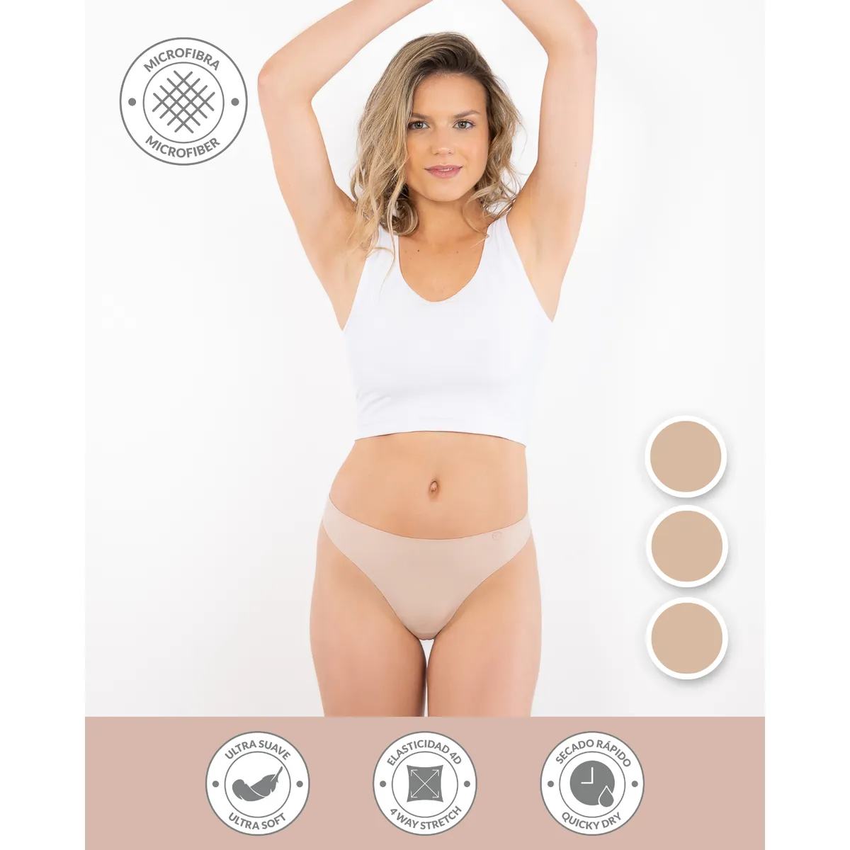 UNICA LINGERIE - CALZÓN PACK 3 COLALESS - MICROFIBRA SIN DEMARCACIÓN BEIGE
