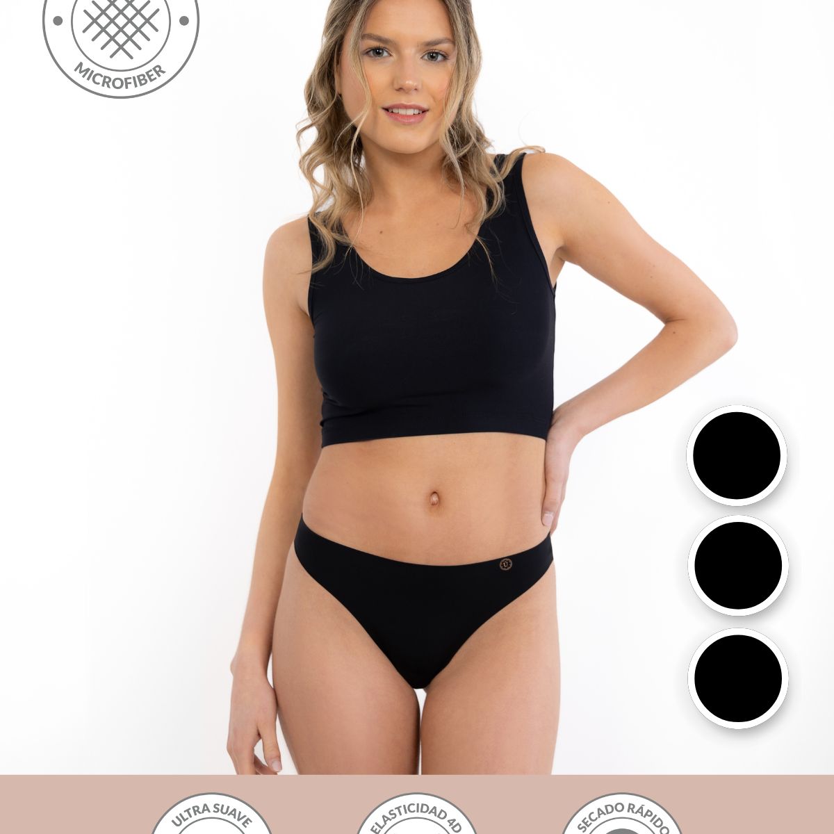 UNICA LINGERIE - CALZÓN PACK 3 COLALESS MICROFIBRA SIN DEMARCACIÓN NEGRO