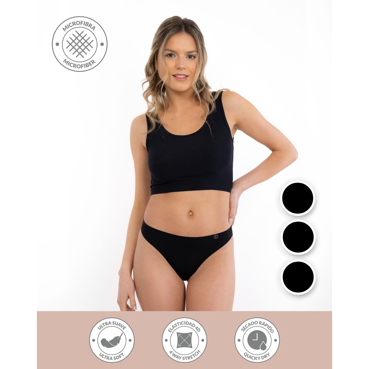 UNICA LINGERIE - CALZÓN PACK 3 COLALESS MICROFIBRA SIN DEMARCACIÓN NEGRO
