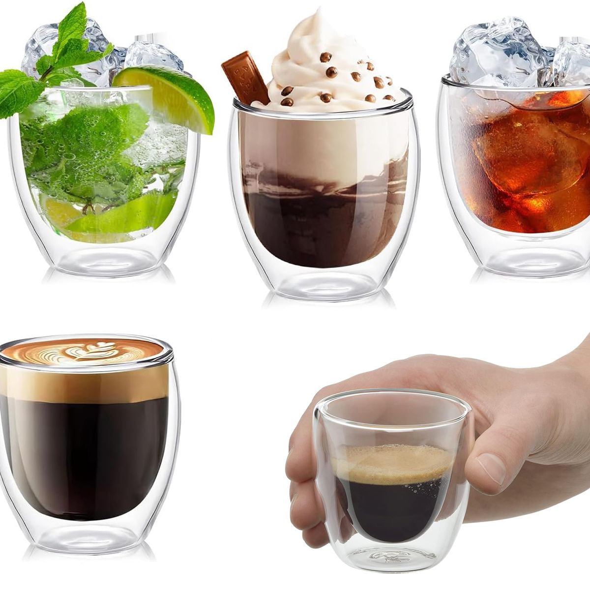 KUANGYE - Taza Cafe Expresso 4 Vasos Vidrio Doble Pared Térmica 80 Ml