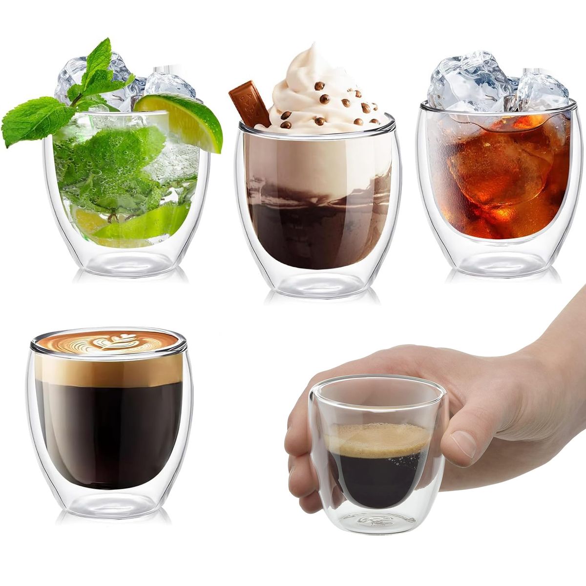 KUANGYE - Taza Cafe Expresso 4 Vasos Vidrio Doble Pared Térmica 80 Ml