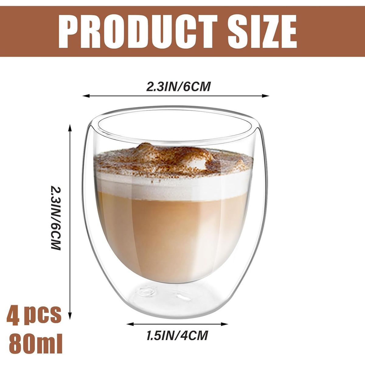 KUANGYE - Taza Cafe Expresso 4 Vasos Vidrio Doble Pared Térmica 80 Ml