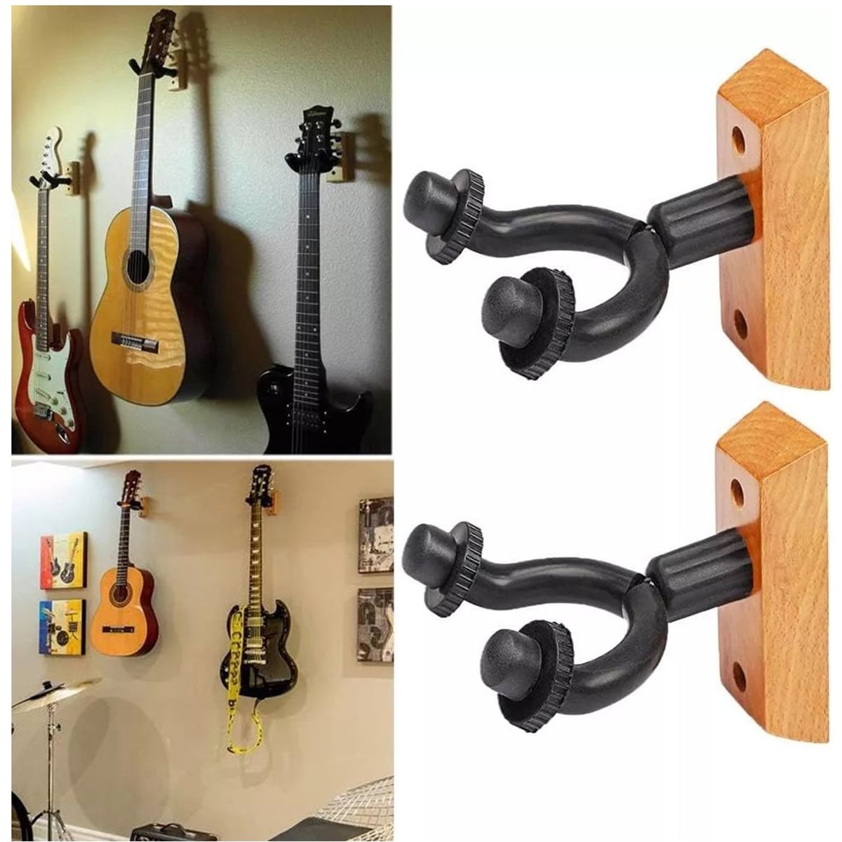 KUANGYE - Colgador Pared Guitarra Bajo Y Ukelele Madera Metal Pack 2 U