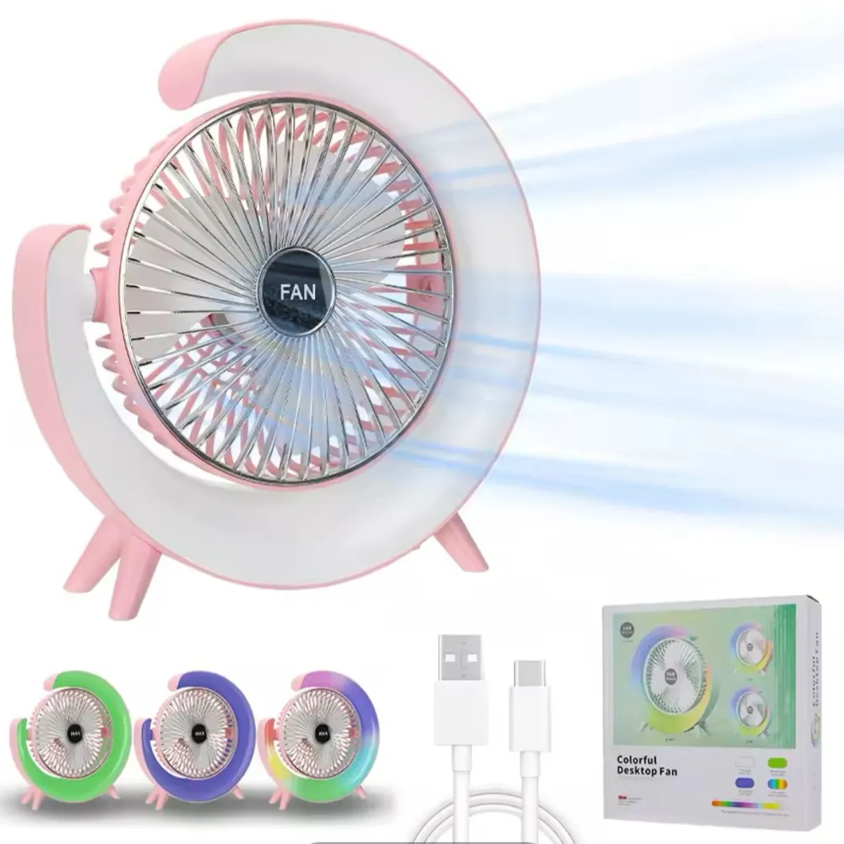 GENERICO - Ventilador De Escritorio Recargable Portátil Y Luz Led Rosa Pálido