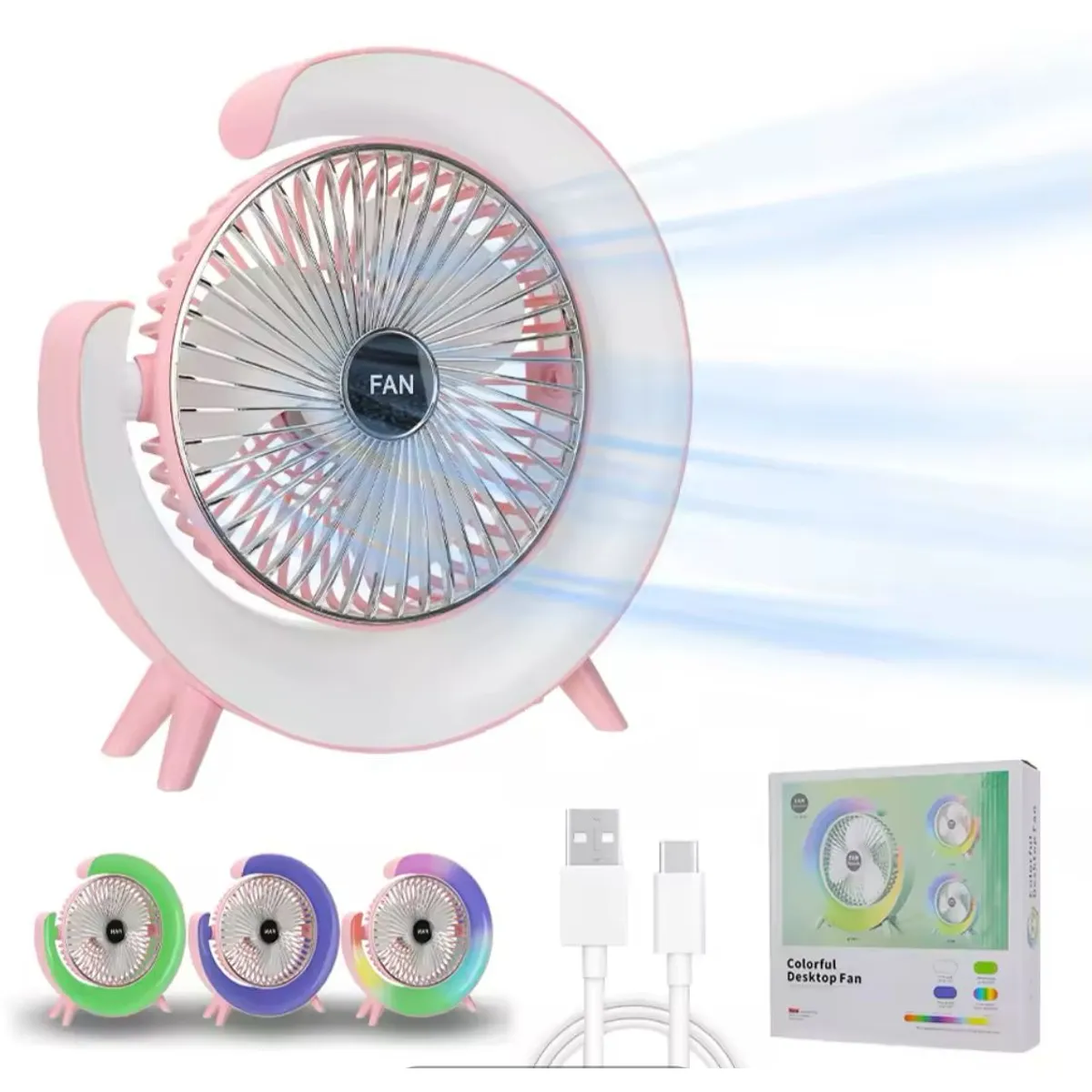 GENERICO - Ventilador De Escritorio Recargable Portátil Y Luz Led Rosa Pálido