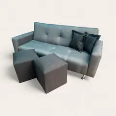GENERICO - SOFA FUTON CAMA CON BRAZOS GRIS LINO PUFF Y COJINES NEGROS
