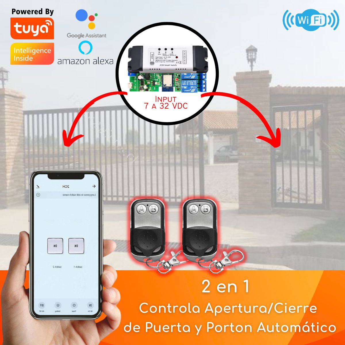 D MOTICA - Abre Portón Wifi + Rf - 2 Controles - Portón + Puerta - 7 a 32 VDC