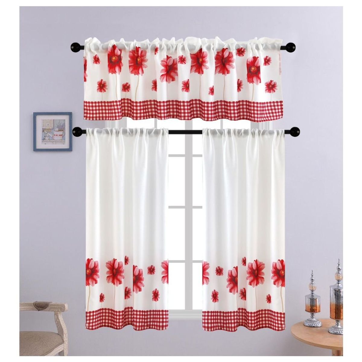 GENERICO - Cortina de Cocina con Diseños 138 x 136 cm - Blanco Flores Rojas.