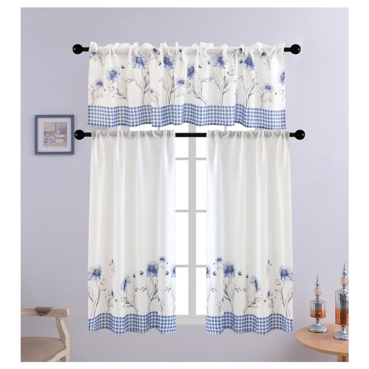 GENERICO - Cortina de Cocina con Diseños 138 x 136 cm - Blanco Flores Azules