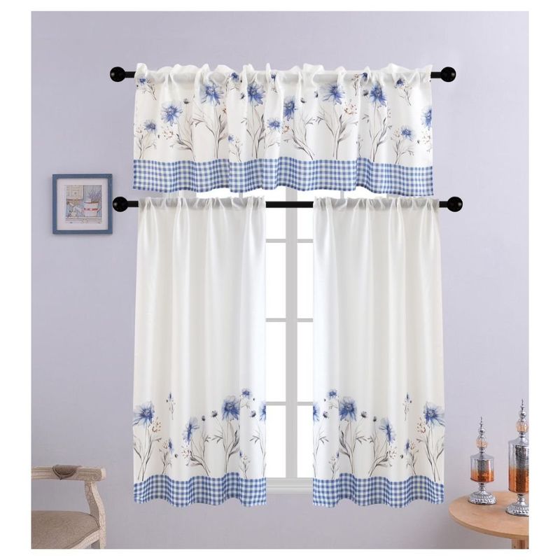 GENERICO - Cortina de Cocina con Diseños 138 x 136 cm - Blanco Flores Azules