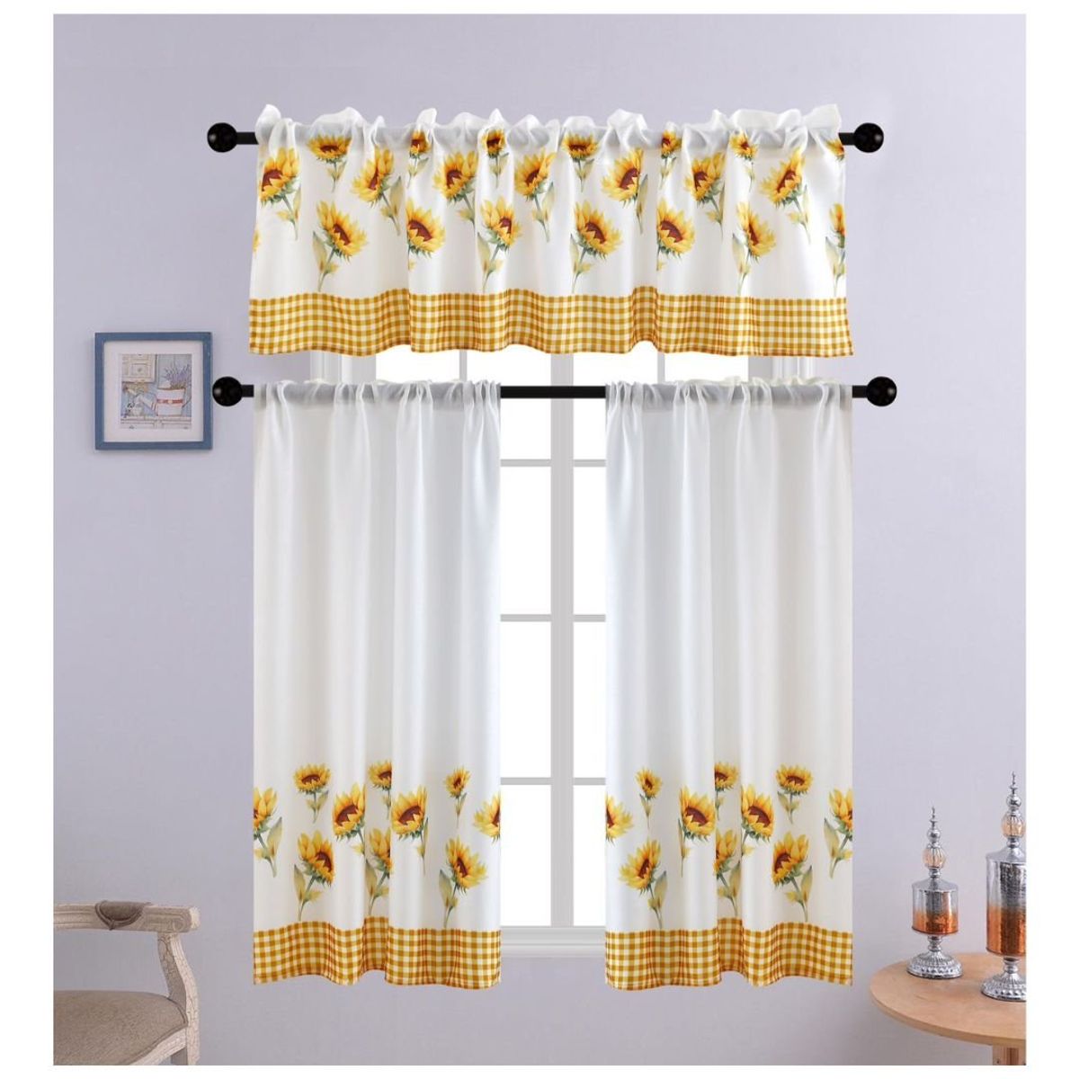 GENERICO - Cortina de Cocina con Diseños 138 x 136 cm - Blanco Amarillo Girasoles