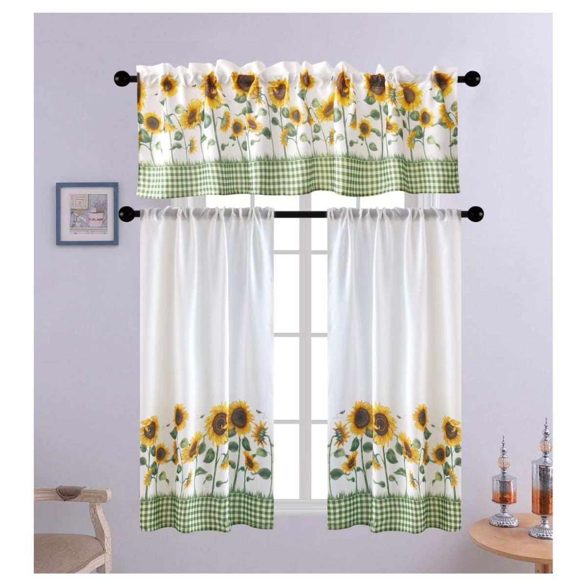 GENERICO - Cortina de Cocina con Diseños 138 x 136 cm - Blanco Verde Girasoles
