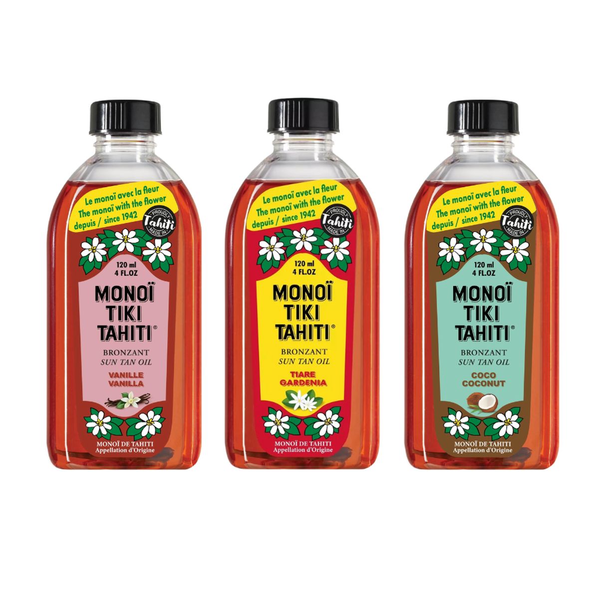 MONOI TIKI TAHITI - Pack 3 Monoi Tiki Tahiti Tiare Vainilla Coco Bronzant 120ml