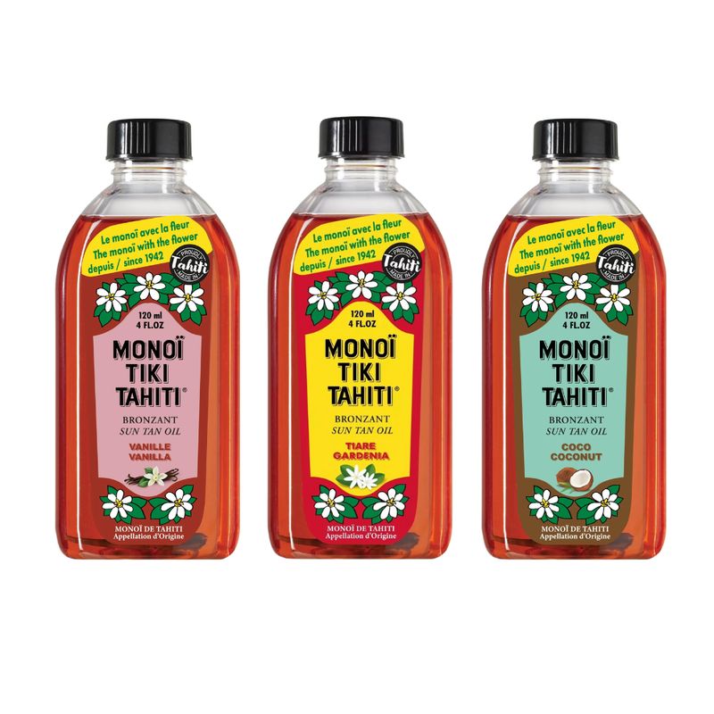 MONOI TIKI TAHITI - Pack 3 Monoi Tiki Tahiti Tiare Vainilla Coco Bronzant Sun Tan Oil 120ml