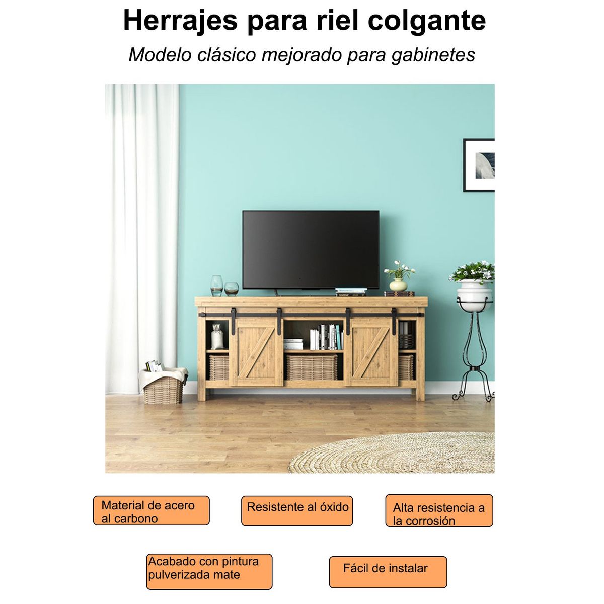 GENERICO - Guía metálica para puertas de gabinete 2m con rodillo y herrajes