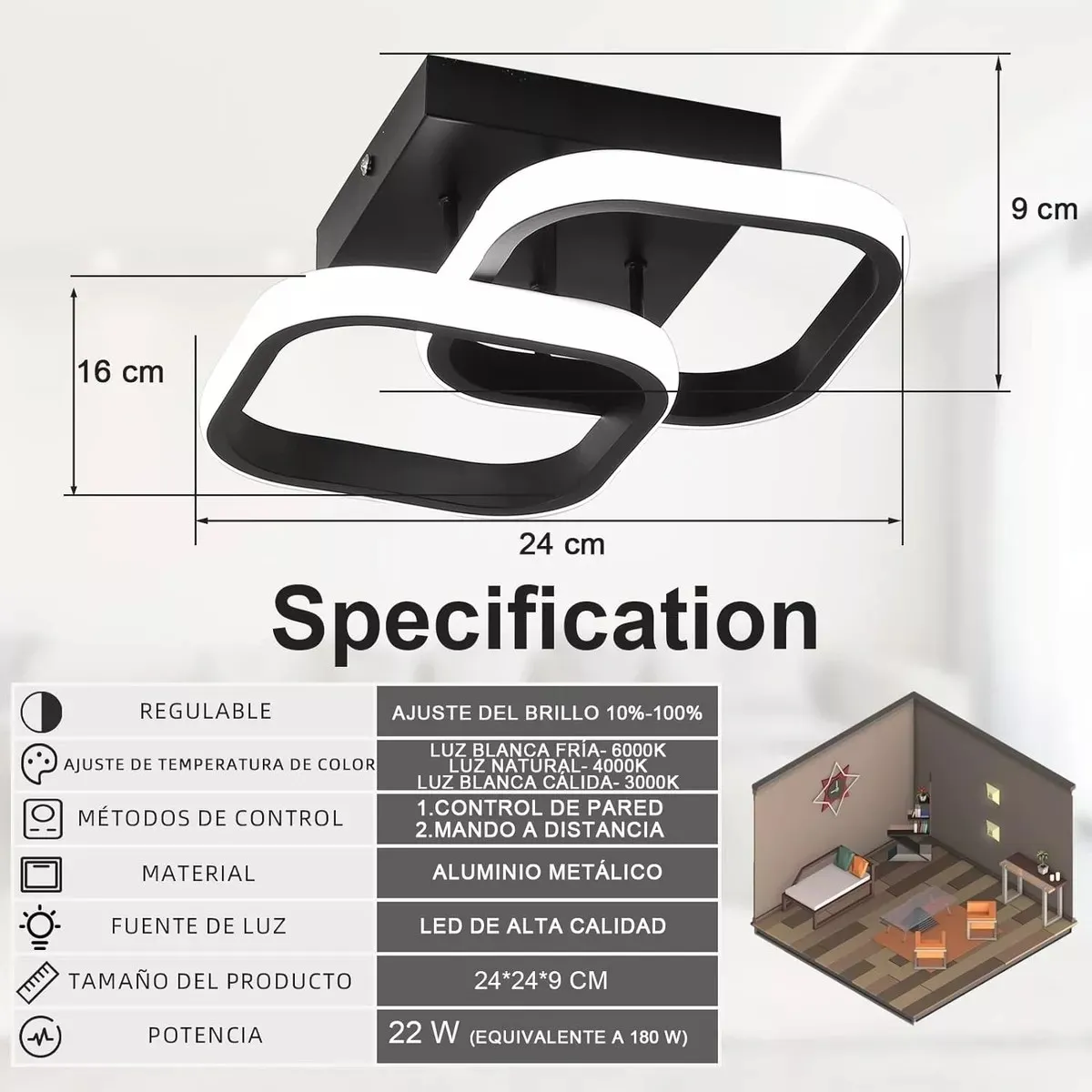 KUANGYE - Lámpara De Techo Moderna Led 22w Baño Luz Colgante 3 Modos