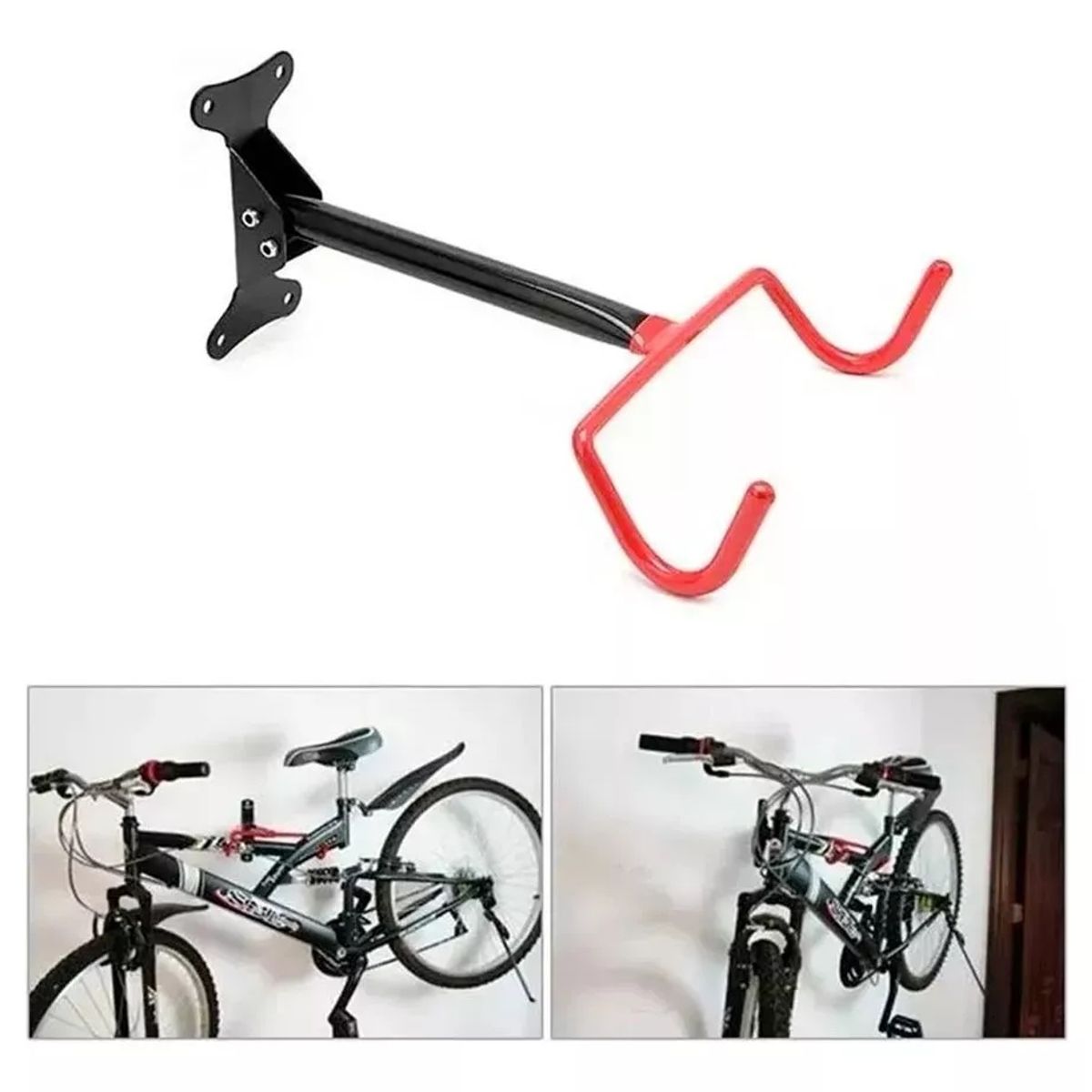 GENERICO - Soporte Horizontal Rojo Y Negro De Pared Para Bicicleta