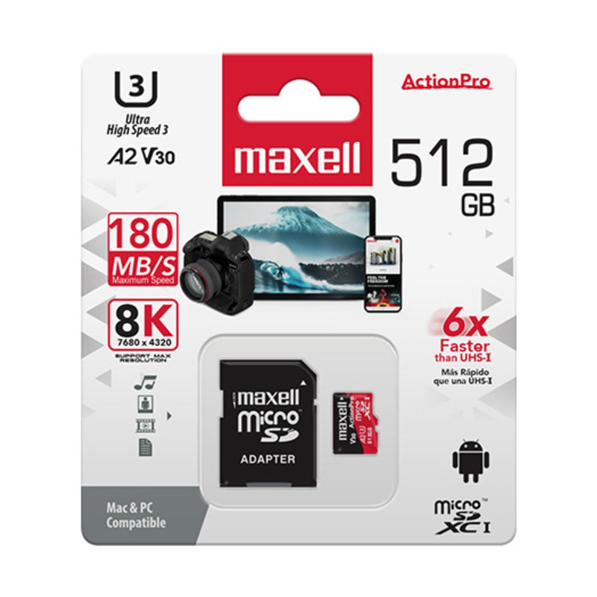 MAXELL - Tarjeta MicroSD Maxell 512GB UH-3 8K A2 180MB/S