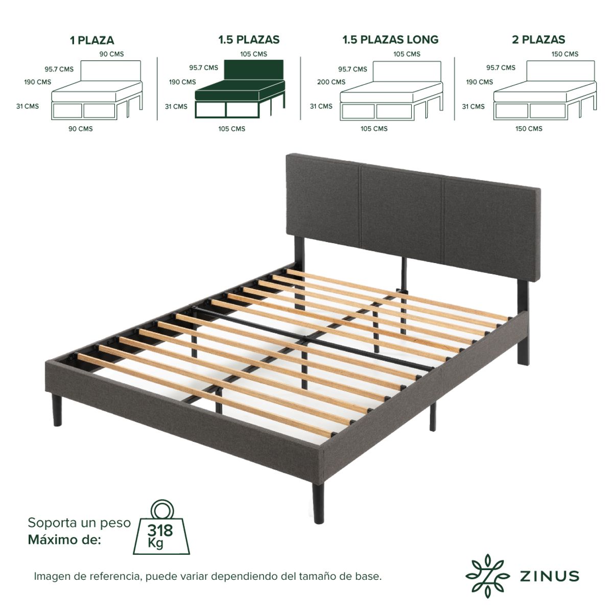 ZINUS - Base de Cama Premium Zinus  1.5 Plazas 105x190x30cm Cambril con Respaldo