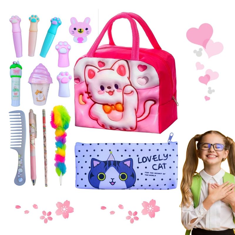 GENERICO - Pack lonchera térmica gatito estuche y papelería kawaii