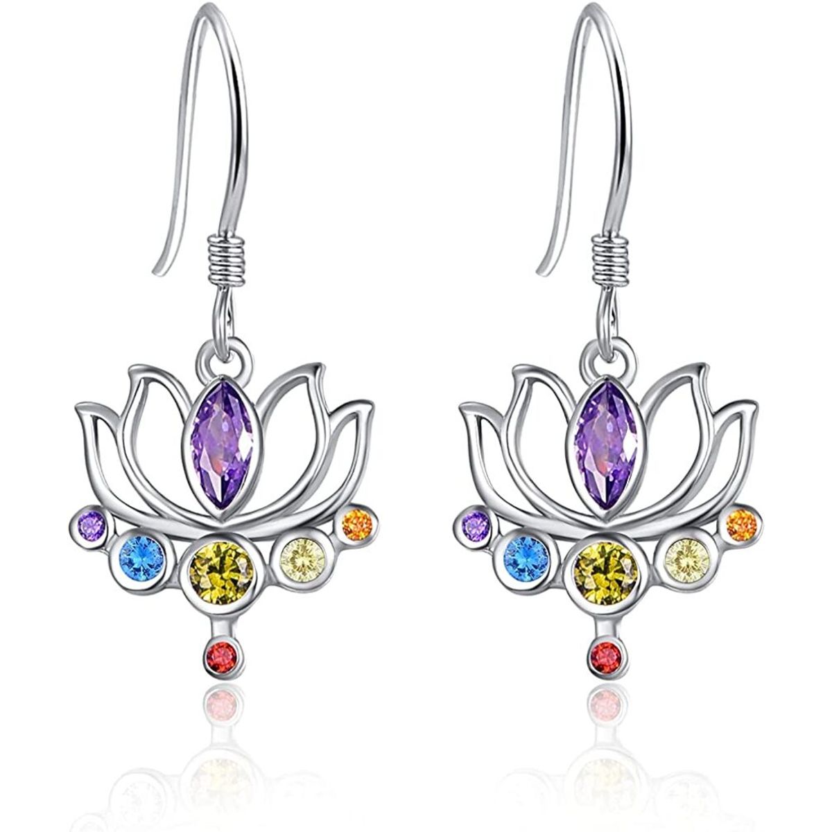 GENERICO - Aros flor de loto 7 chakras plata 925 joya juvenil mujer