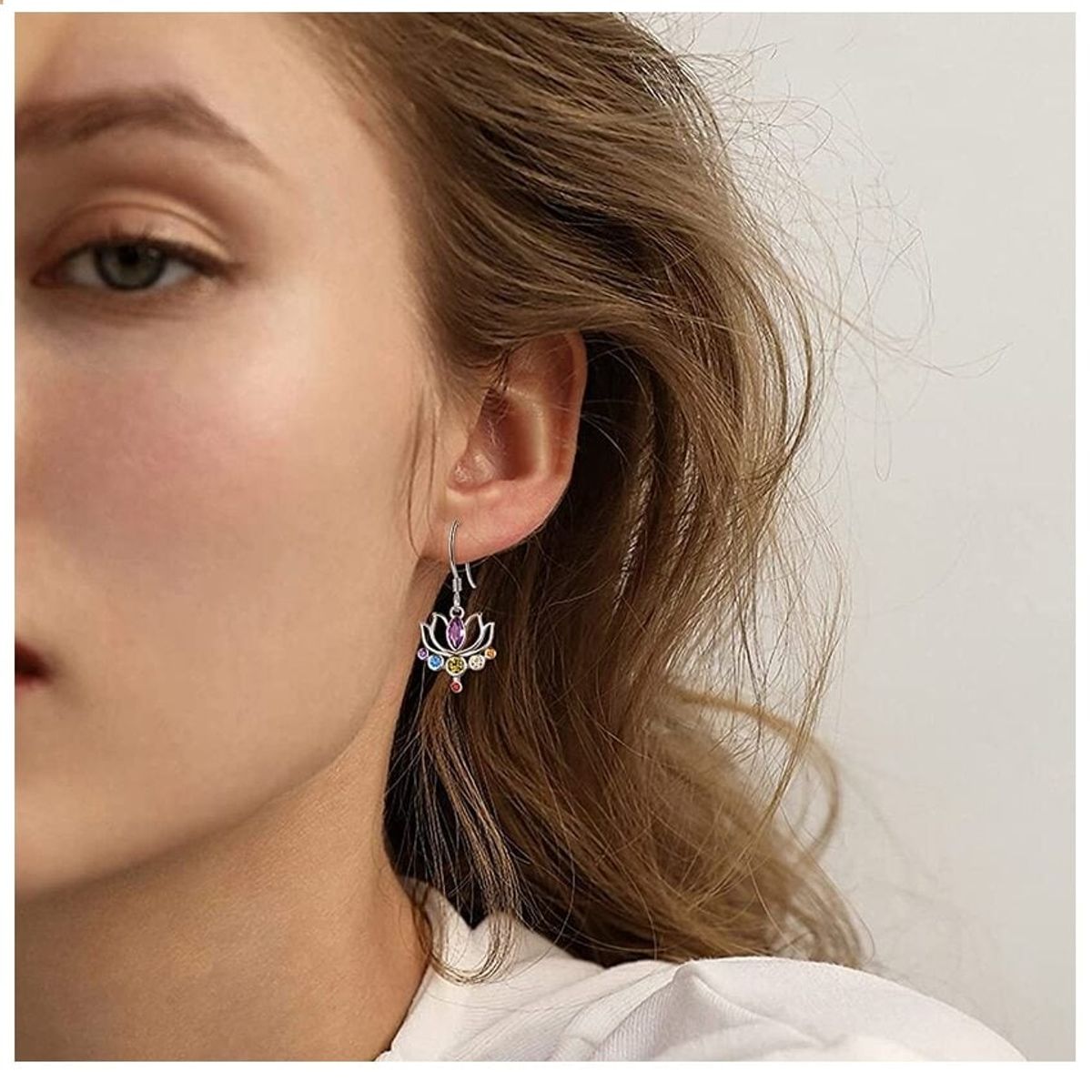 GENERICO - Aros flor de loto 7 chakras plata 925 joya juvenil mujer