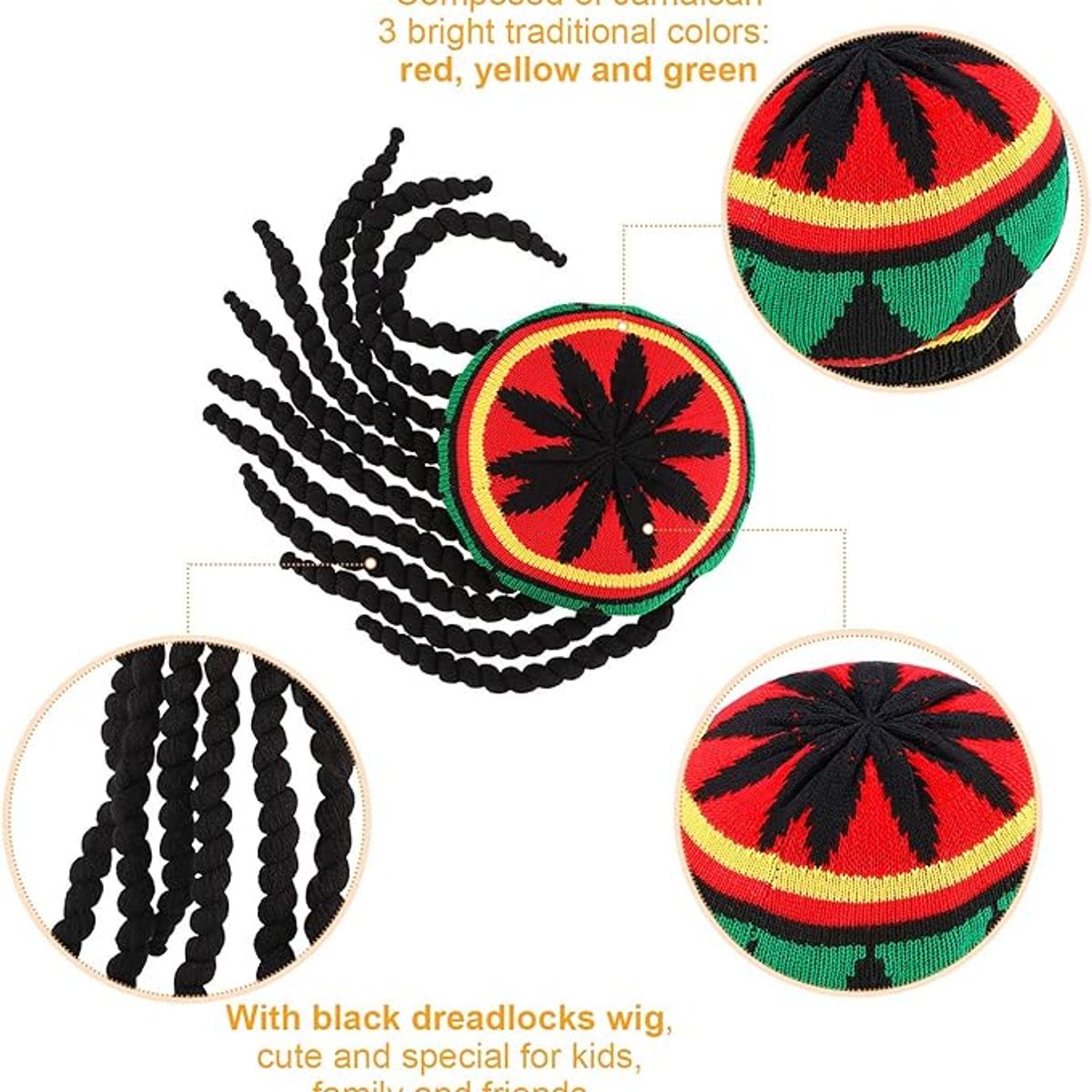 KUANGYE - Sombreros Rasta Con Rastas Negras Para Peluca 62 Cm