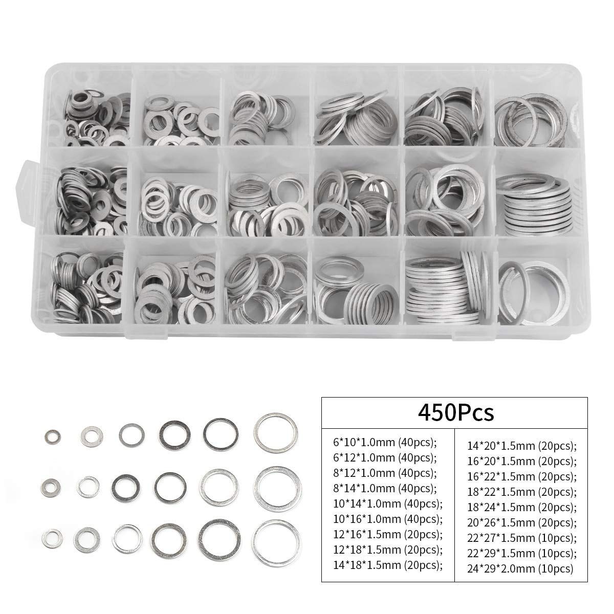 KUANGYE - Juego Surtido Arandelas Métricas Aplastamiento Aluminio 450 Pcs