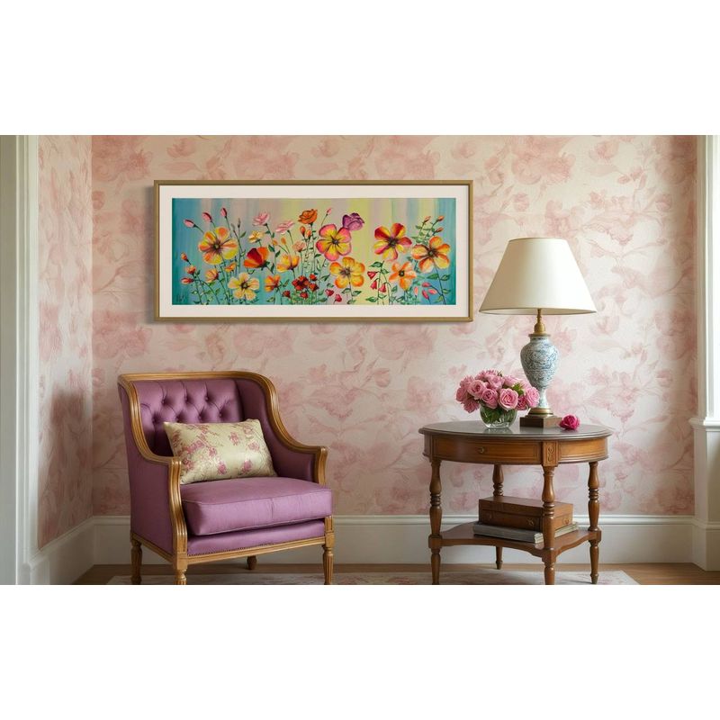 DEKAM DISEÑO - CUADRO PINTADO A MANO FLORES ALICIA ENMARCADO  146X66 CMS