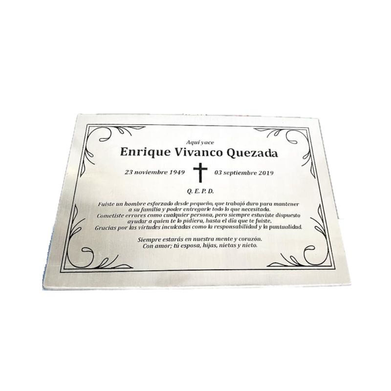 FUNERARIA CONCEPTO - placa acero inoxidable 30x20 cm grabado