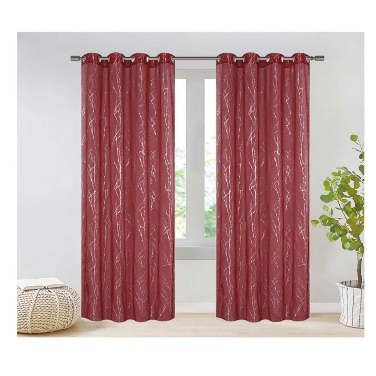 GENERICO - Cortina Velo Visillo 140 x 240 cm 2 Paños - Rojo Ramas M248