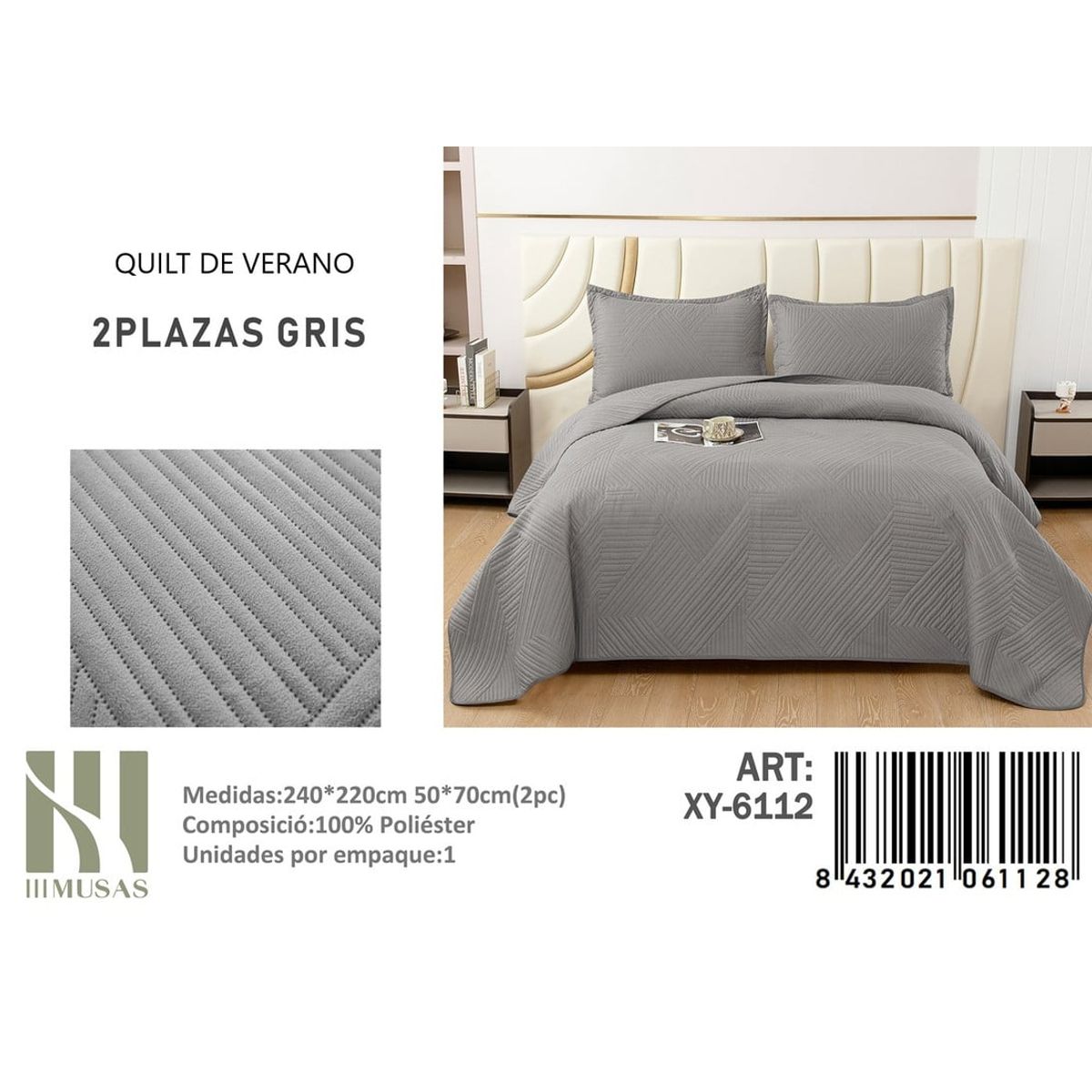 ANGELES DEL HOGAR - QUILT DE VERANO 2 PLAZAS III MUSAS GRIS
