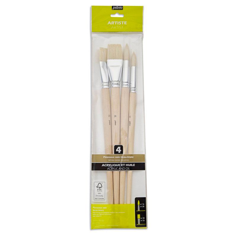PEBEO - Pinceles Pebeo Acrílico y Óleo Set 4 Pelo Cerda Blanca